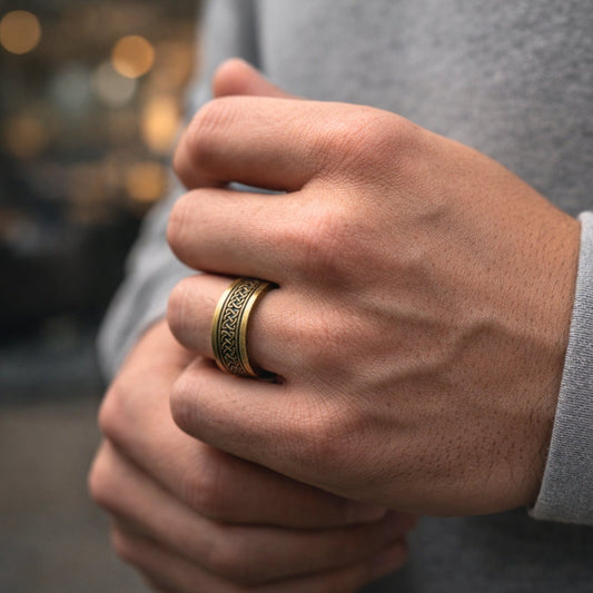 THE MEN THING Rings AUREX RUNE - Antique Golden Pure Stainless Steel Men’s Antique Golden - Plated Ring (Size : 17-22-26)