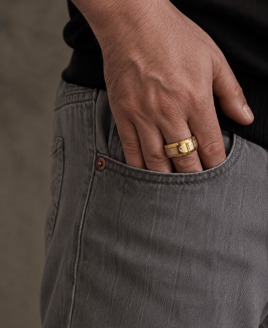THE MEN THING Rings AUREX RUNE - GOLDEN - Pure Stainless Steel Men’s Steel - Plated Ring (Size : 17-22-26)