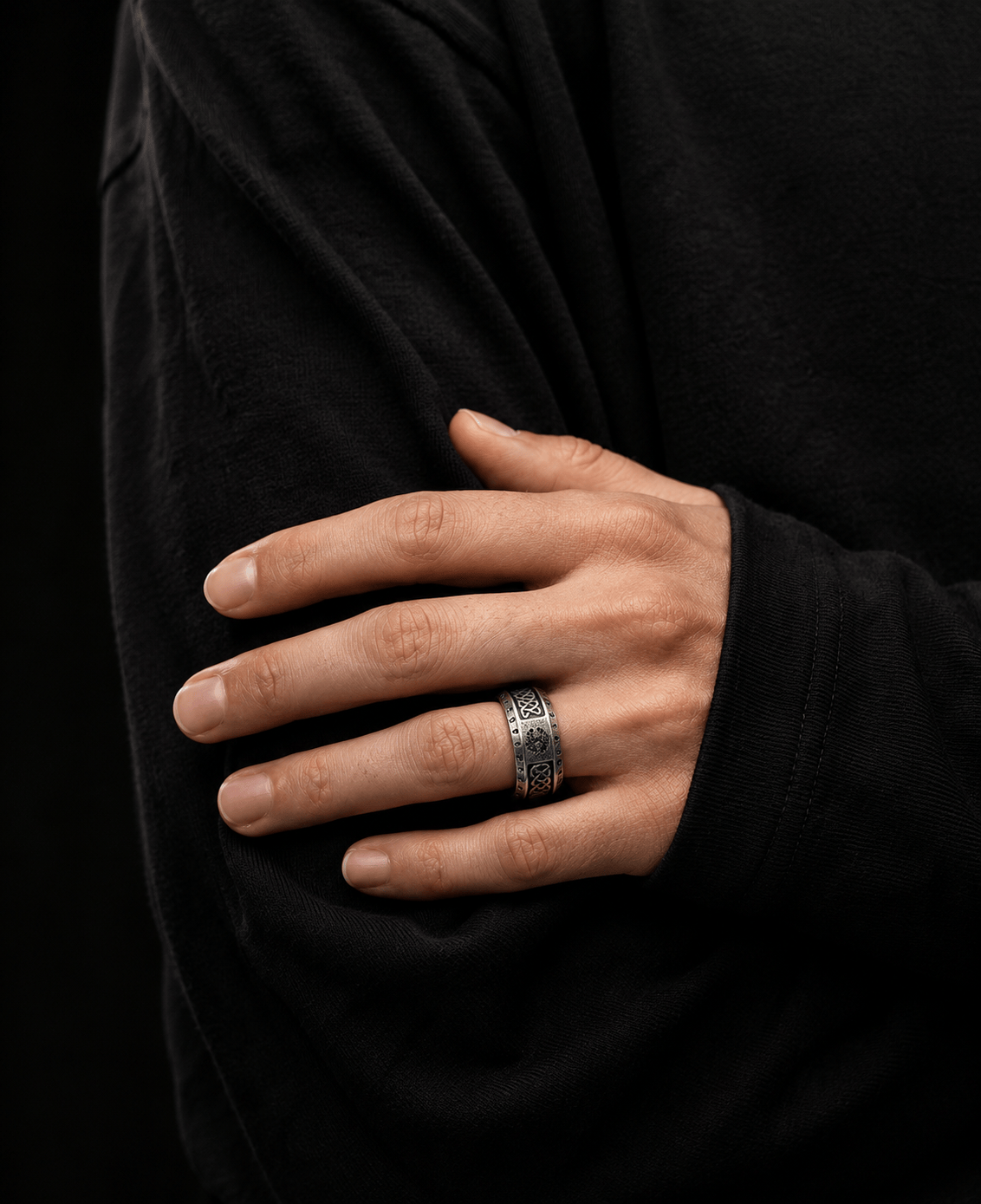 THE MEN THING Rings AUREX RUNE - Oxidized Steel - Pure Stainless Steel Men’s Steel - Plated Ring (Size : 17-26)