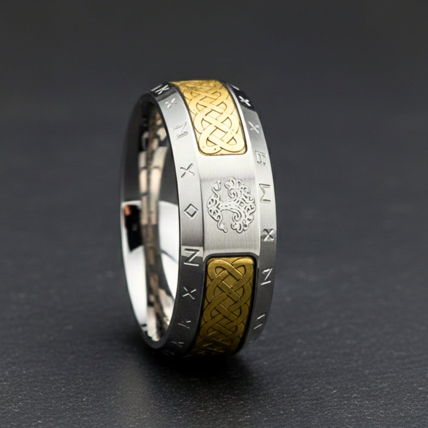 THE MEN THING Rings AUREX TREE RUNE - Antique Golden - Pure Stainless Steel Men’s Ring for Men & Boys (Size : 17-22-27)