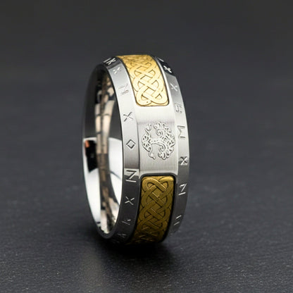 THE MEN THING Rings AUREX TREE RUNE - Antique Golden - Pure Stainless Steel Men’s Ring for Men & Boys (Size : 17-22-27)