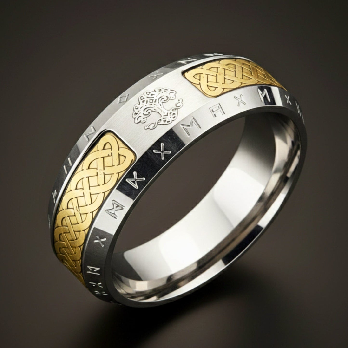 THE MEN THING Rings AUREX TREE RUNE - Antique Golden - Pure Stainless Steel Men’s Ring for Men & Boys (Size : 17-22-27)