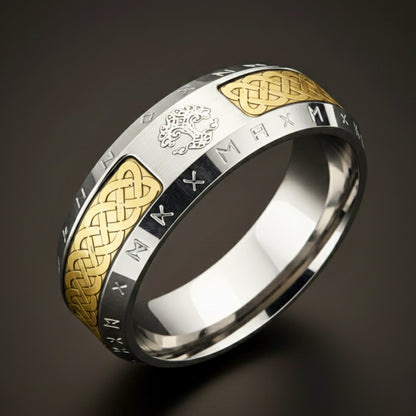THE MEN THING Rings AUREX TREE RUNE - Antique Golden - Pure Stainless Steel Men’s Ring for Men & Boys (Size : 17-22-27)