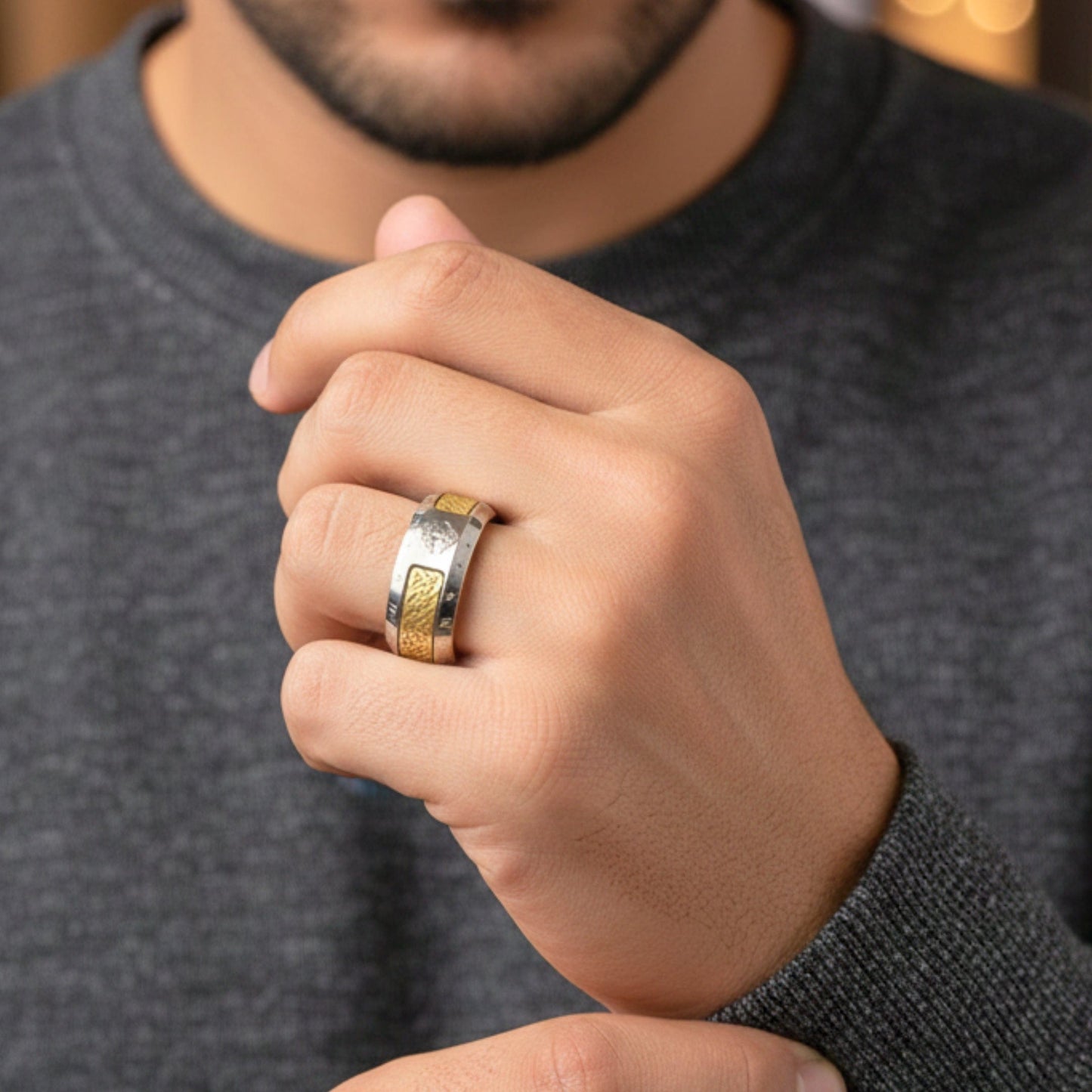 THE MEN THING Rings AUREX TREE RUNE - Antique Golden - Pure Stainless Steel Men’s Ring for Men & Boys (Size : 17-22-27)