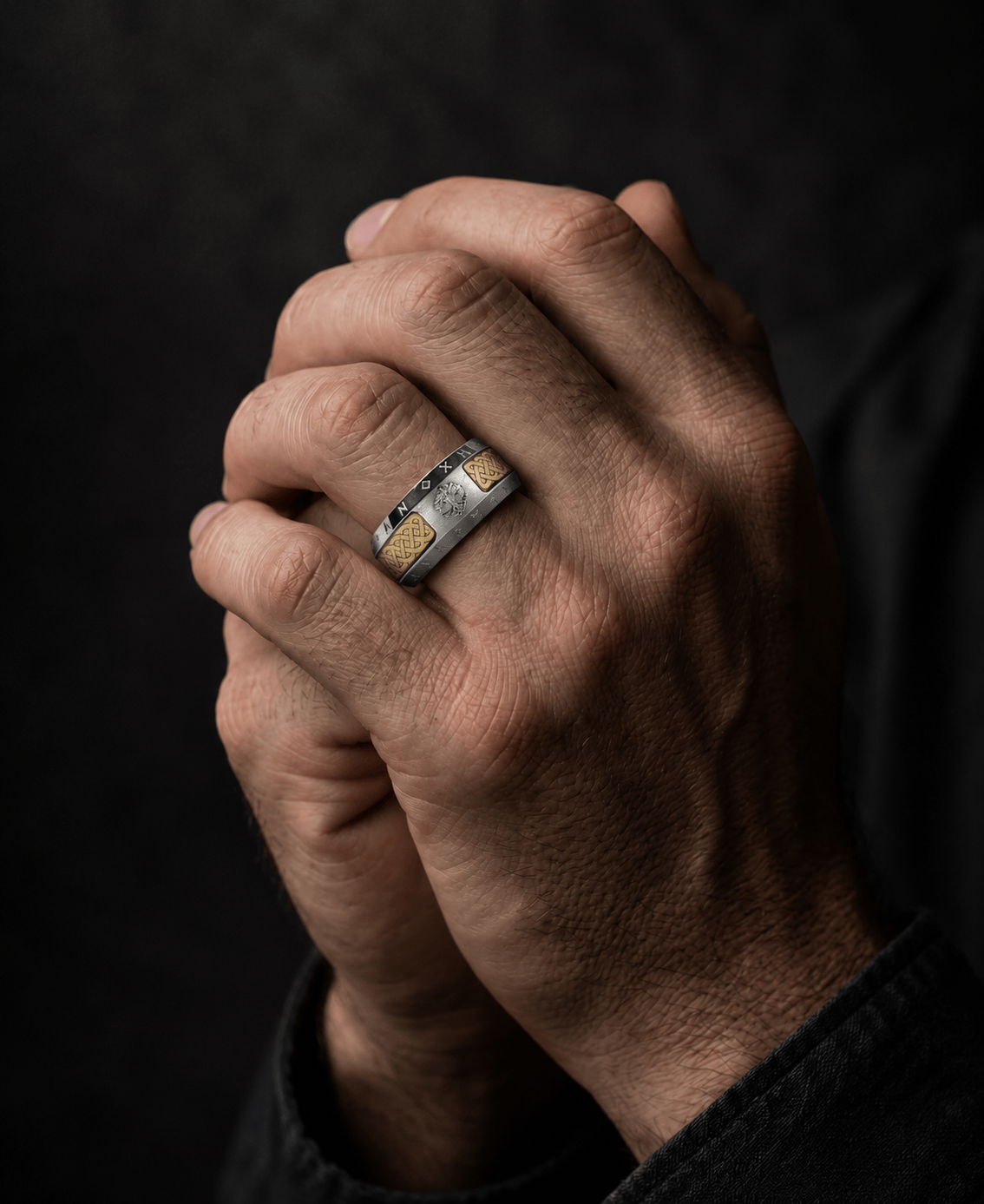 THE MEN THING Rings AUREX TREE RUNE - Antique Golden - Pure Stainless Steel Men’s Ring for Men & Boys (Size : 17-22-27)