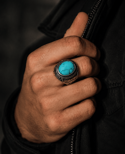 THE MEN THING Rings AZURE DREAMS Titanium Steel Ring - Retro Vintage Blue Stone (Size : 17-21- 24)
