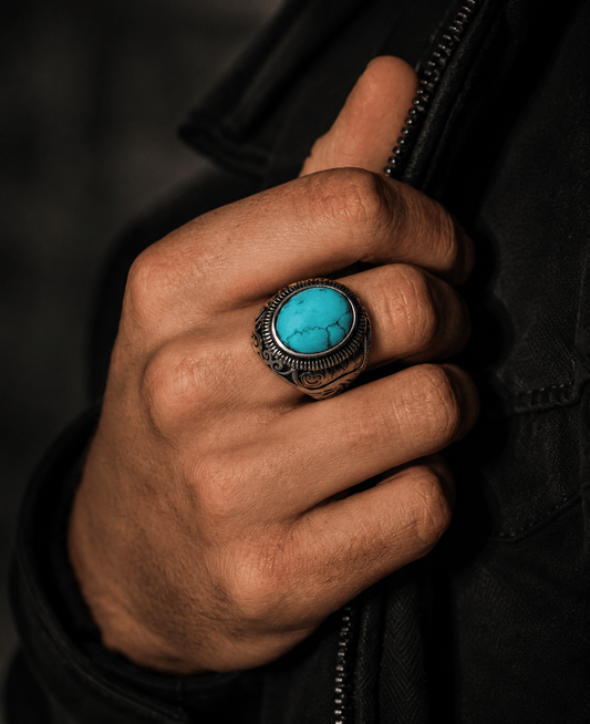 THE MEN THING Rings AZURE DREAMS Titanium Steel Ring - Retro Vintage Blue Stone (Size : 17-21- 24)