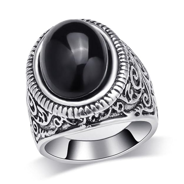 THE MEN THING Rings BLACK ENIGMA - Titanium Steel Vintage Ring with Black Stone ( Size -17-21- 24)