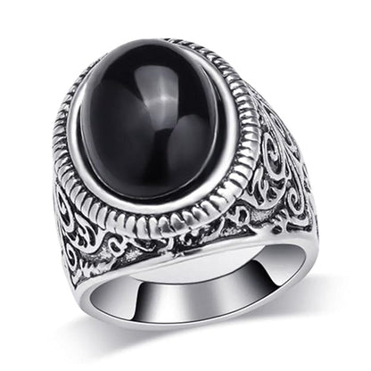 THE MEN THING Rings BLACK ENIGMA - Titanium Steel Vintage Ring with Black Stone ( Size -17-21- 24)