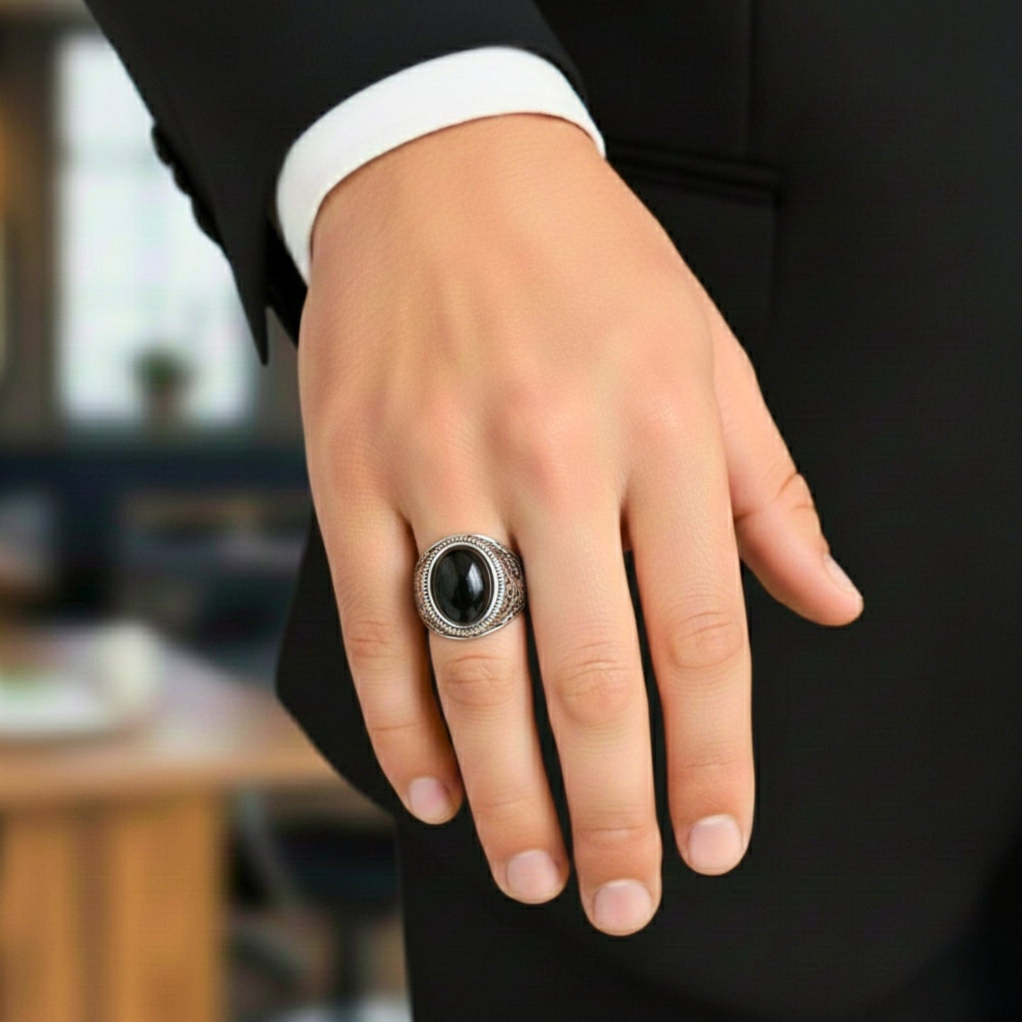 THE MEN THING Rings BLACK ENIGMA - Titanium Steel Vintage Ring with Black Stone ( Size -17-21- 24)