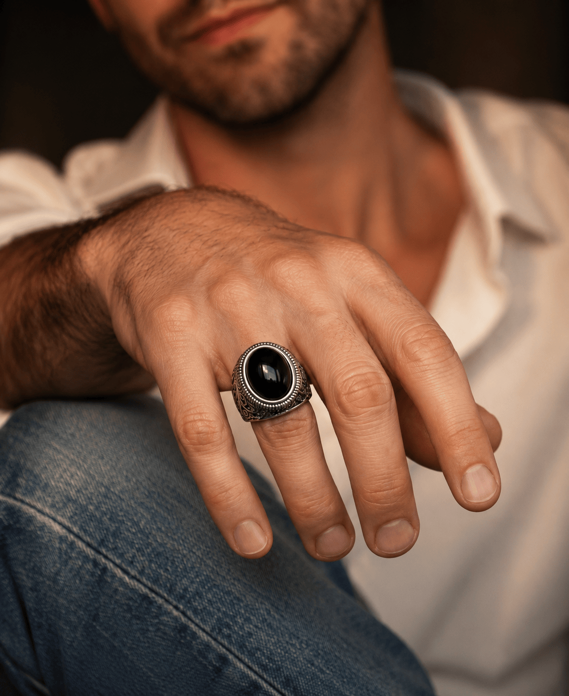 THE MEN THING Rings BLACK ENIGMA - Titanium Steel Vintage Ring with Black Stone ( Size -17-21- 24)