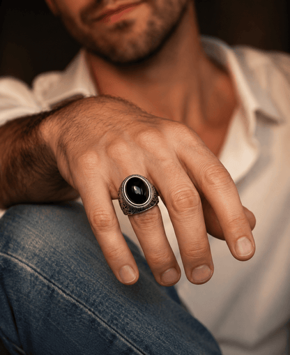 THE MEN THING Rings BLACK ENIGMA - Titanium Steel Vintage Ring with Black Stone ( Size -17-21- 24)