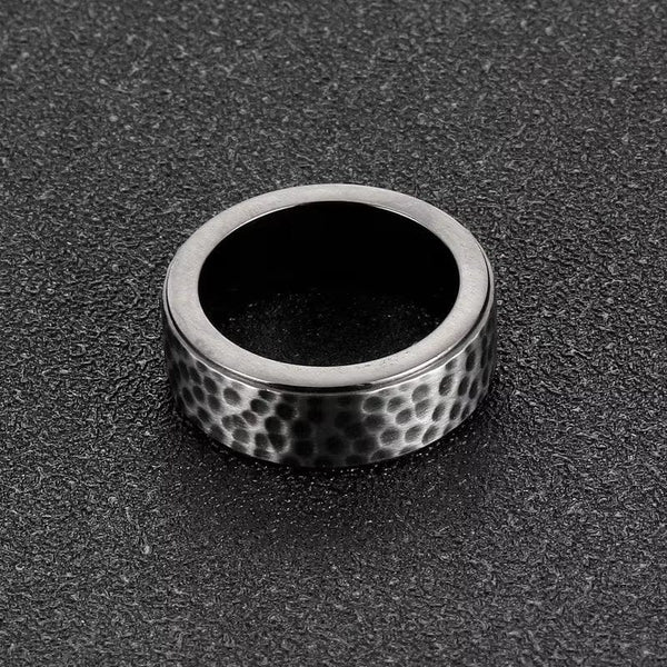 BLACK TITANIUM HAMMERED RING - Silver Ring - Pure Titanium Steel Ring for Men Size - 21