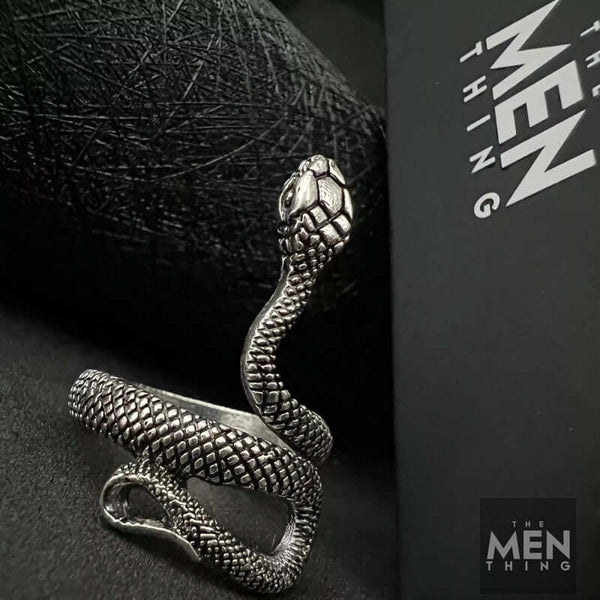 COBRA-STRIKE - Alloy Adjustable Vintage Silver Tone Snake Ring for Men & Boys