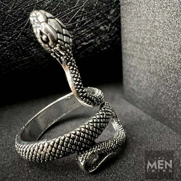 COBRA-STRIKE - Alloy Adjustable Vintage Silver Tone Snake Ring for Men & Boys