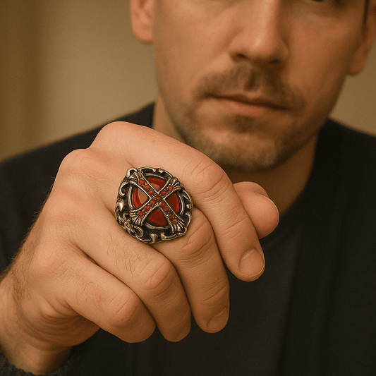 THE MEN THING Rings CRIMSON CREST RING - Pure Stainless Steel Men’s Steel-Plated Ring – Statement Luxury Jewelry (Size : 18-21-24)