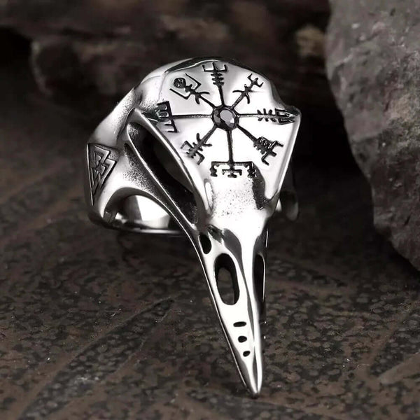 CROW SKULL VIKING - Titanium Steel Ring with Black Stone - Size, 17-21- 24)