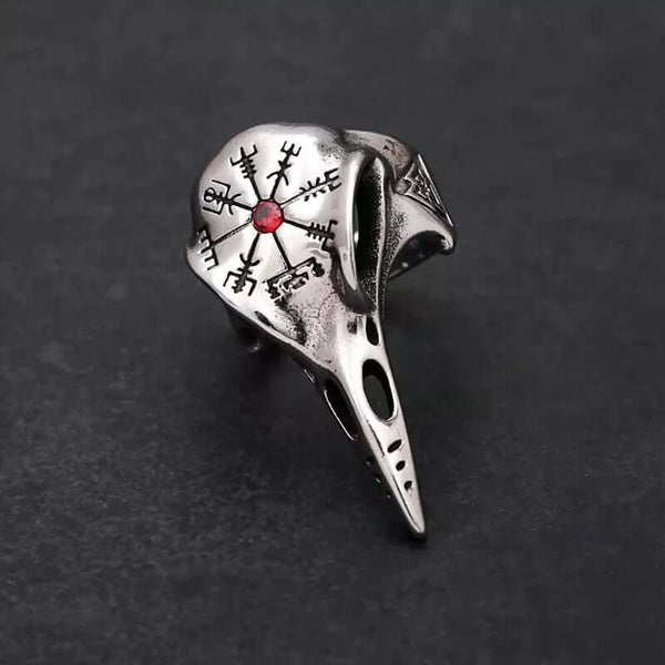 क्रो स्कल वाइकिंग - लाल पत्थर के साथ टाइटेनियम स्टील की अंगूठी - आकार 17-21- 24)