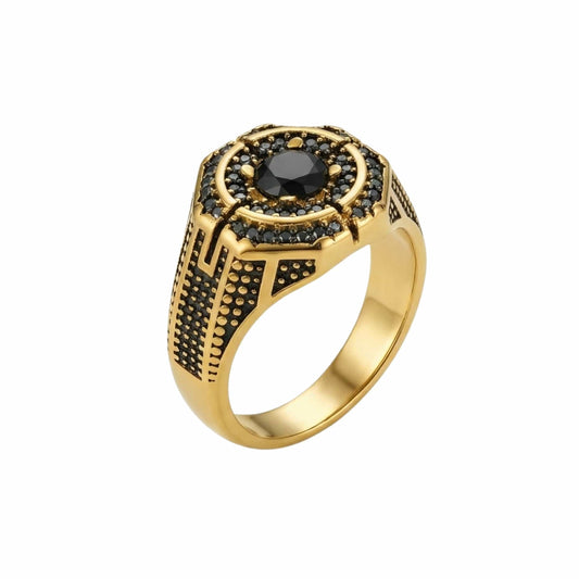 THE MEN THING Rings DARK CITADEL - GOLDEN - Pure Stainless Steel Men’s Gold-Black Plated Ring (Size : 17-22-27)