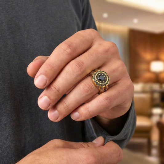 THE MEN THING Rings DARK CITADEL - GOLDEN - Pure Stainless Steel Men’s Gold-Black Plated Ring (Size : 17-22-27)