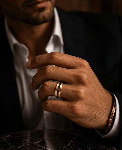 THE MEN THING Rings DARK INLAY GROOVE - GOLDEN - Pure Stainless Steel Men’s Gold Plated Ring (Size : 17-22-27)