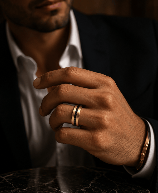 DARK INLAY GROOVE - GOLDEN - Pure Stainless Steel Men’s Gold Plated Ring (Size : 17-22-27)