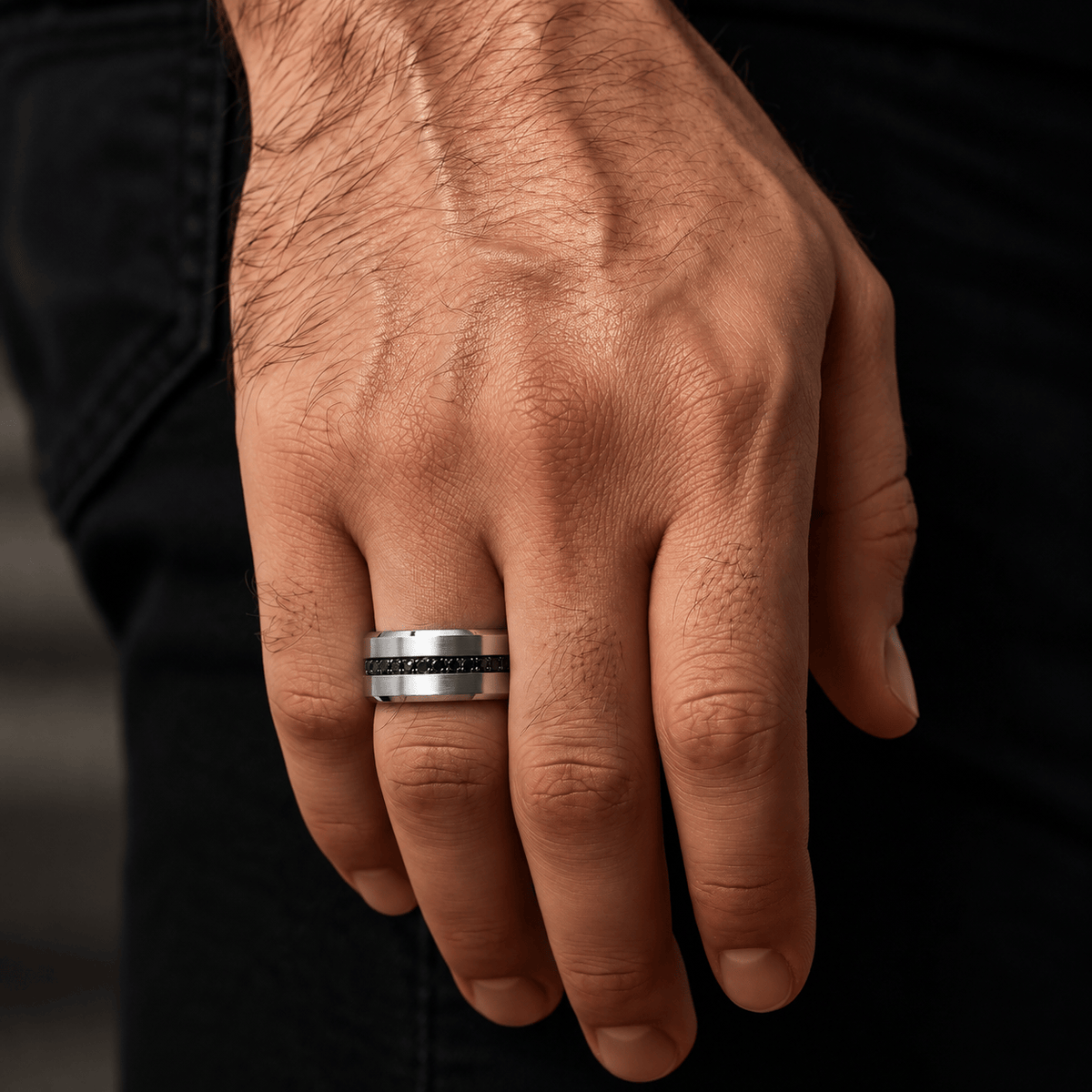 THE MEN THING Rings DARK INLAY GROOVE - STEEL - Pure Stainless Steel Men’s Steel-Plated Ring (Size : 17-22-27)