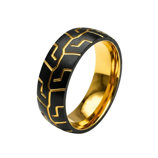 THE MEN THING Rings DARK MATRIX RING - Pure Stainless Steel Men’s Gold-Black-Plated Ring (Size : 17-22-27)