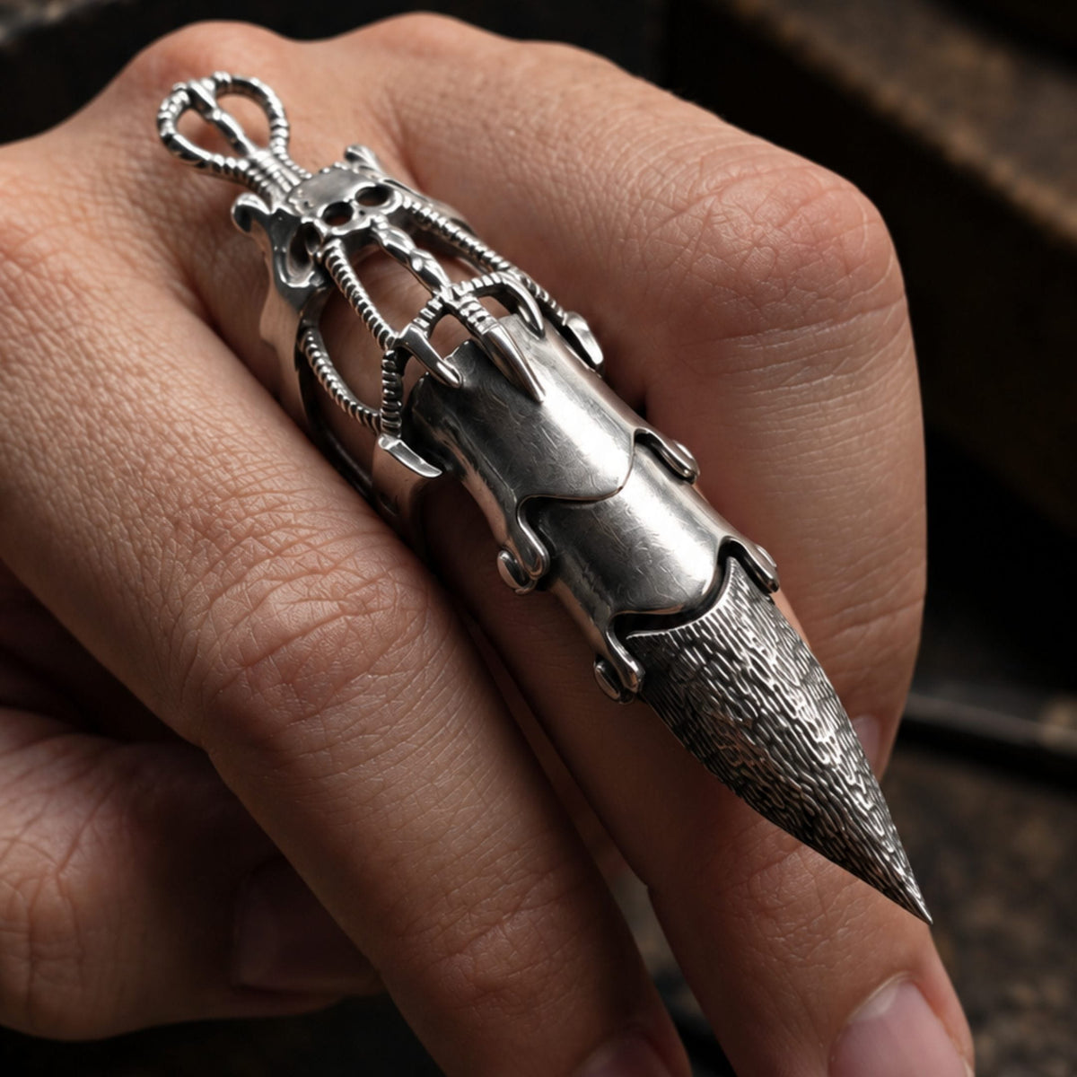 THE MEN THING Rings DLOOP-ARM - Silver Double Loop Knuckle Adjustable Joint Full Finger Ring for Men & Boys
