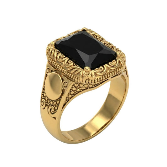 THE MEN THING Rings DOMINION ONYX RING - Pure Stainless Steel Men’s Gold-Black Plated Ring (Size : 21-27)