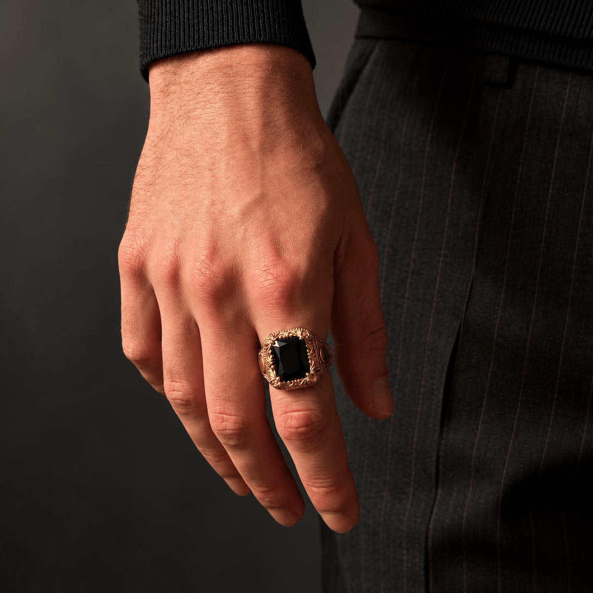 THE MEN THING Rings DOMINION ONYX RING - Pure Stainless Steel Men’s Gold-Black Plated Ring (Size : 21-27)