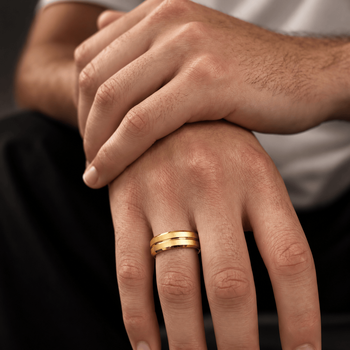 THE MEN THING Rings DOUBLE GROOVE  - Pure Stainless Steel Men’s Gold Plated Ring (Size : 17-22-27)