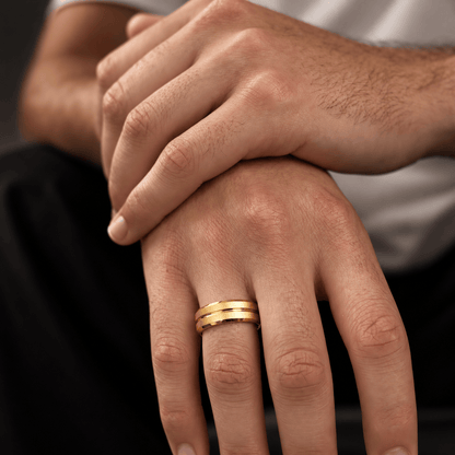 THE MEN THING Rings DOUBLE GROOVE  - Pure Stainless Steel Men’s Gold Plated Ring (Size : 17-22-27)