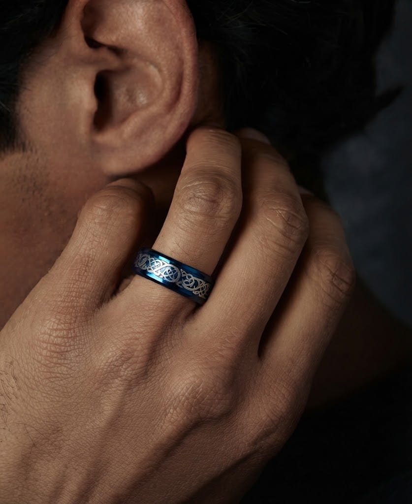 THE MEN THING Rings DRACONIC BLUE - Titanium Steel Ring for Men and Boys (Size-22)