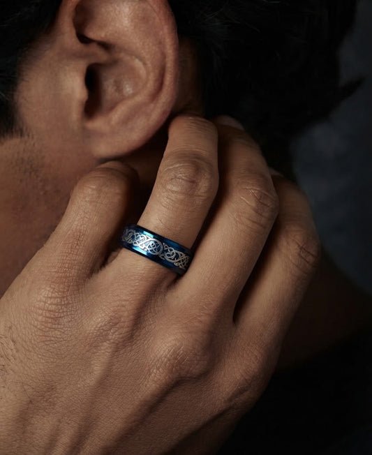 THE MEN THING Rings DRACONIC BLUE - Titanium Steel Ring for Men and Boys (Size-22)