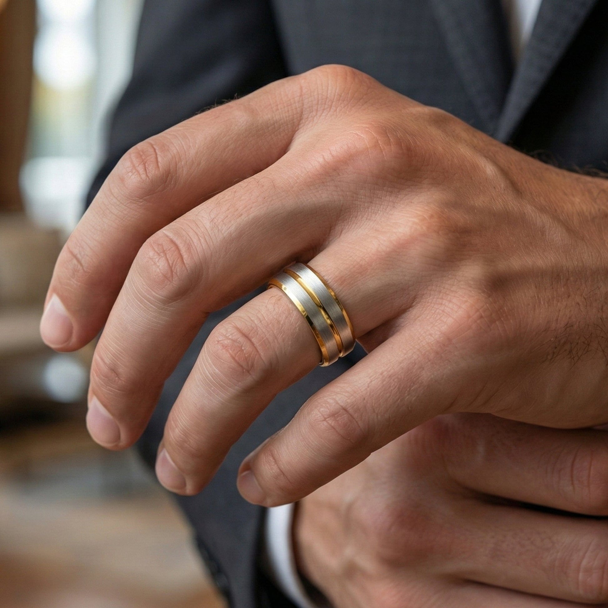 THE MEN THING Rings DUAL EDGE  - Pure Stainless Steel Men’s Gold-Steel Plated Ring (Size : 15-22-27)
