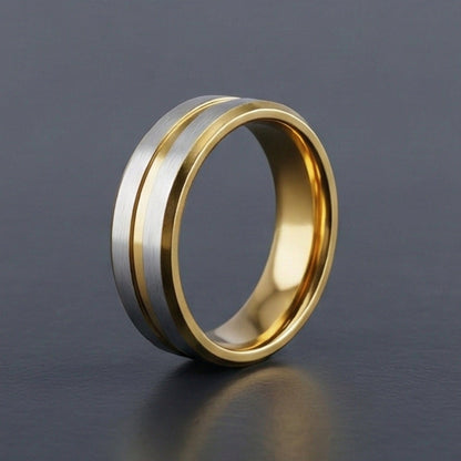 THE MEN THING Rings DUAL EDGE  - Pure Stainless Steel Men’s Gold-Steel Plated Ring (Size : 15-22-27)