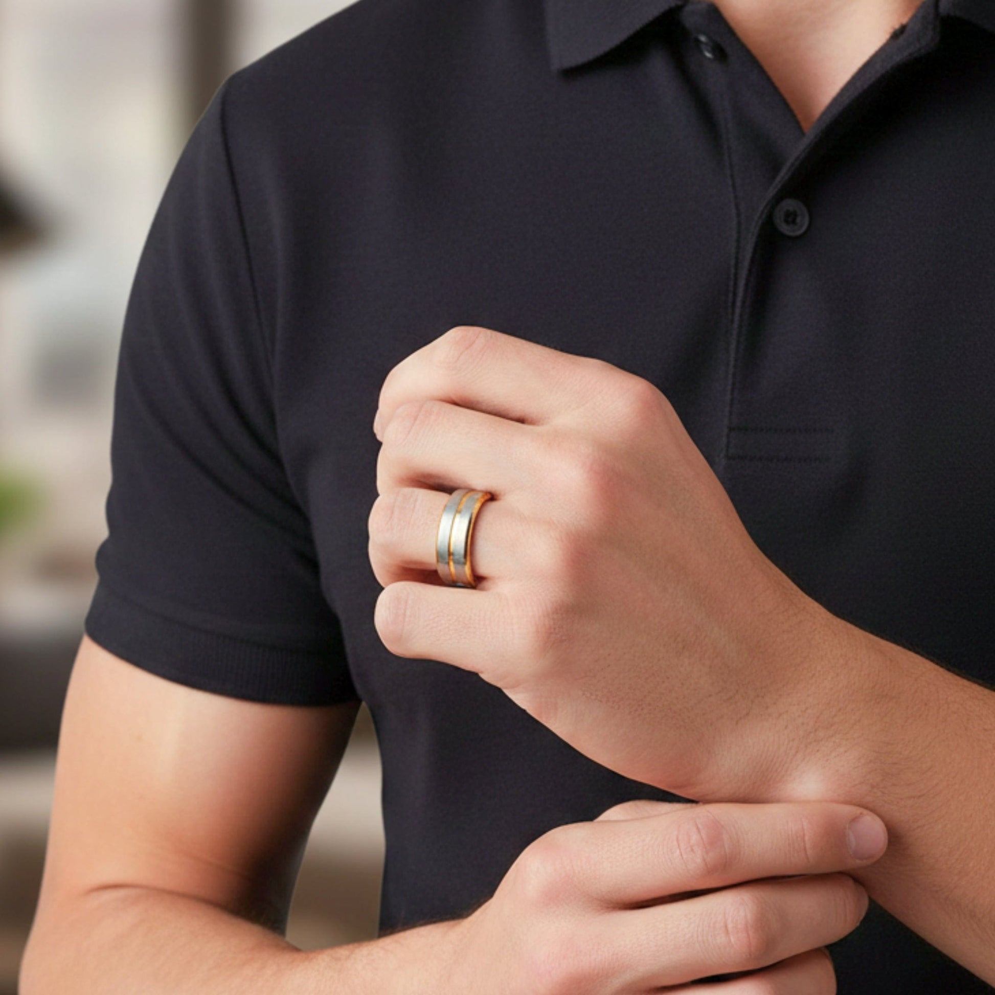 THE MEN THING Rings DUAL EDGE  - Pure Stainless Steel Men’s Gold-Steel Plated Ring (Size : 15-22-27)