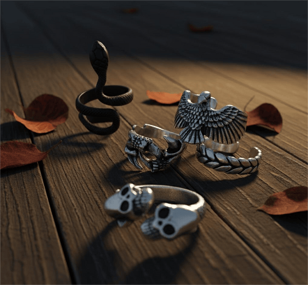 DUST DEVIL COLLECTIVE Collector's 5-Piece Symbolic Rings Set – RATTLER, LARIAT, DEMONCLAW, GRIMHUG, & SKYSOAR Alloy Ring for Mens and Boys