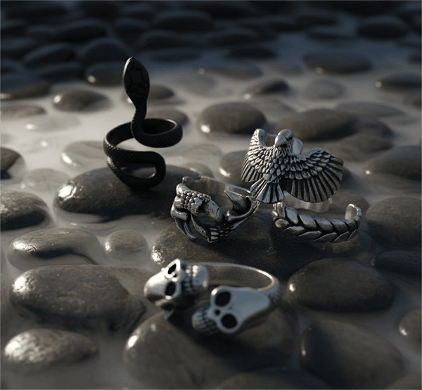 DUST DEVIL COLLECTIVE Collector's 5-Piece Symbolic Rings Set – RATTLER, LARIAT, DEMONCLAW, GRIMHUG, & SKYSOAR Alloy Ring for Mens and Boys