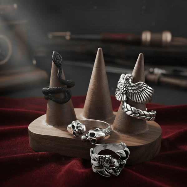 DUST DEVIL COLLECTIVE Collector's 5-Piece Symbolic Rings Set – RATTLER, LARIAT, DEMONCLAW, GRIMHUG, & SKYSOAR Alloy Ring for Mens and Boys