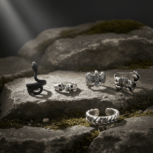 DUST DEVIL COLLECTIVE Collector's 5-Piece Symbolic Rings Set – RATTLER, LARIAT, DEMONCLAW, GRIMHUG, & SKYSOAR Alloy Ring for Mens and Boys