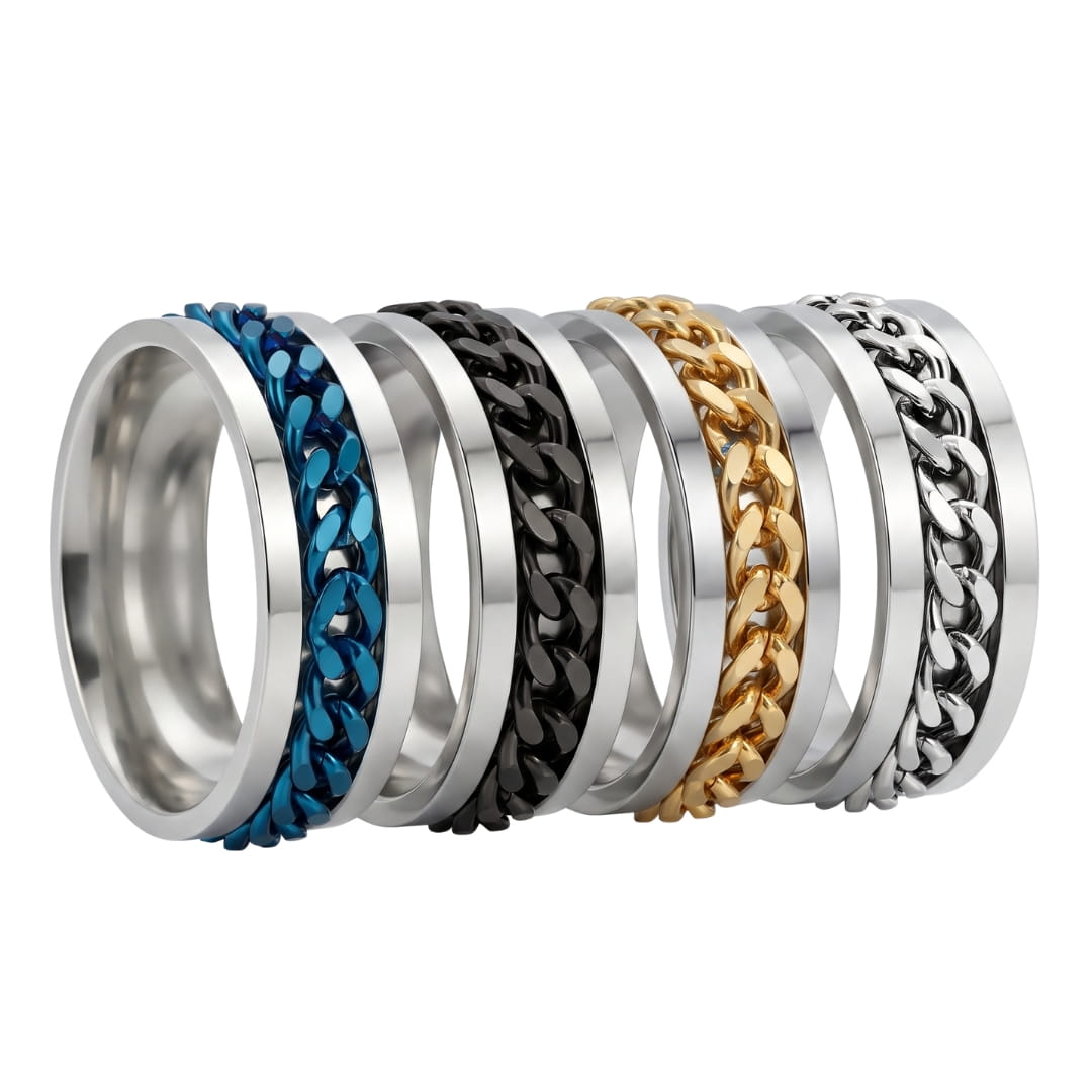 THE MEN THING Rings FIDGET SPINNER - 4Pcs Pure Stainless Steel Rings, American trending Style - Anxiety Relief Rings for Men & Boys (8mm) Size 16