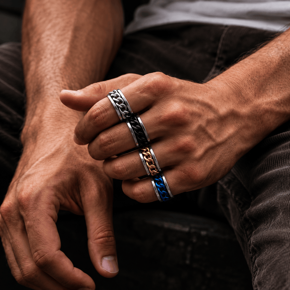 THE MEN THING Rings FIDGET SPINNER - 4Pcs Pure Stainless Steel Rings, American trending Style - Anxiety Relief Rings for Men & Boys (8mm) Size 16