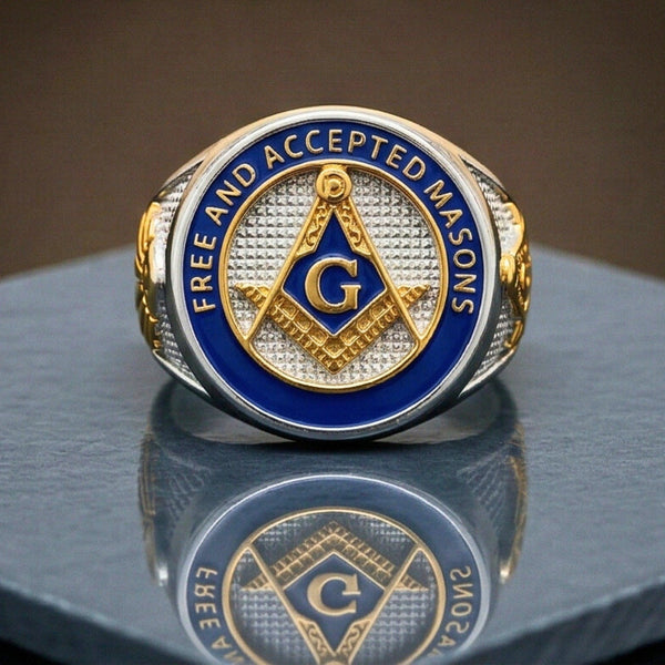 FREEMASONRY - Pure Titanium Rings For Men, Luxury Style, Blue Gold Tone (Size : 21-25)