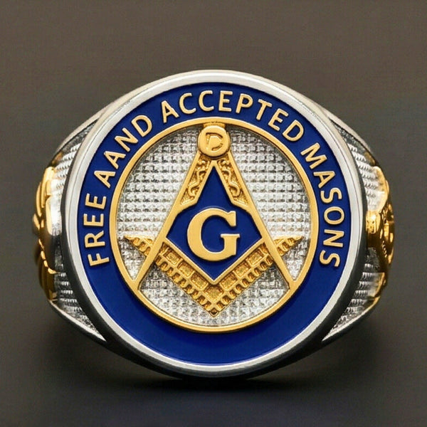 FREEMASONRY - Pure Titanium Rings For Men, Luxury Style, Blue Gold Tone (Size : 21-25)