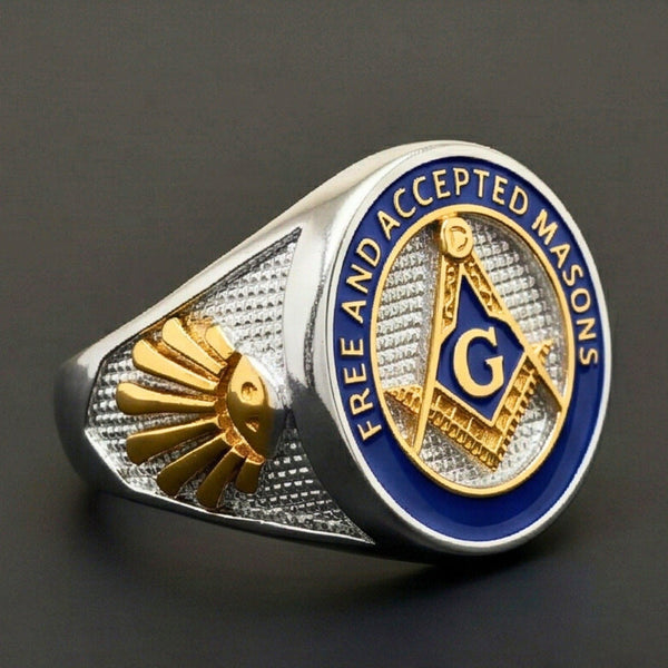 FREEMASONRY - Pure Titanium Rings For Men, Luxury Style, Blue Gold Tone (Size : 21-25)