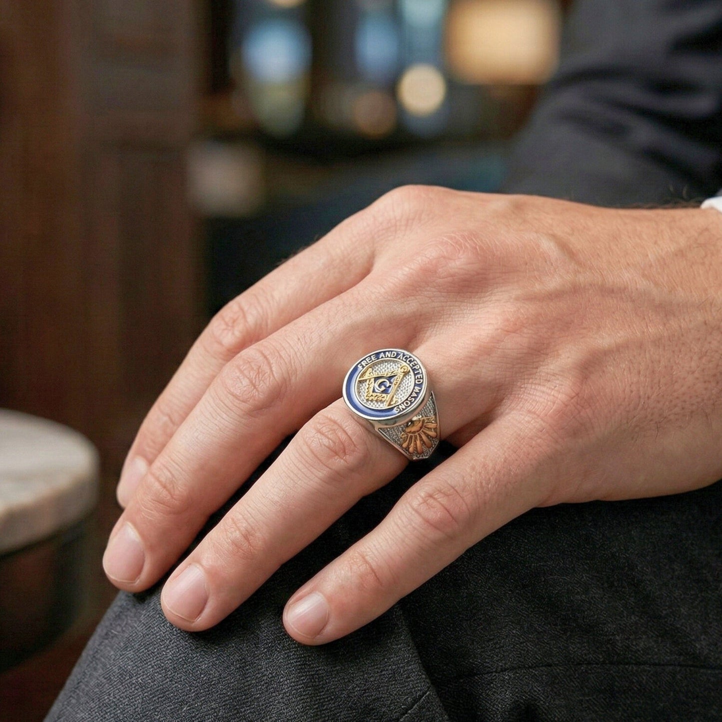 THE MEN THING Rings FREEMASONRY - Pure Titanium Rings For Men, Luxury Style, Blue Gold Tone (Size : 21-25)