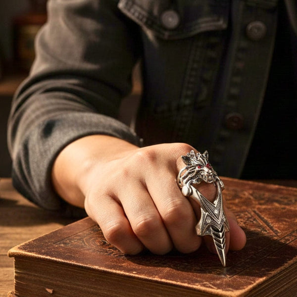 FURIOUS-REDEYE - Gothic Wolf Knuckle Joint Full Finger Ring for Men & Boys