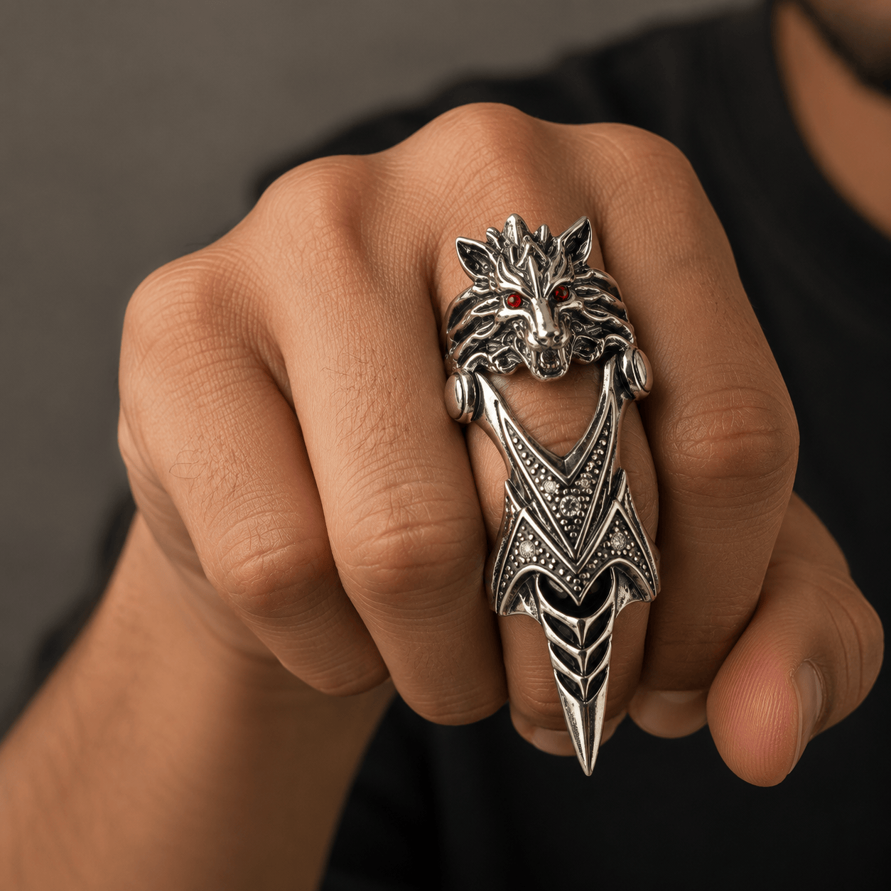 THE MEN THING Rings FURIOUS-REDEYE - Gothic Wolf Knuckle Joint Full Finger Ring for Men & Boys